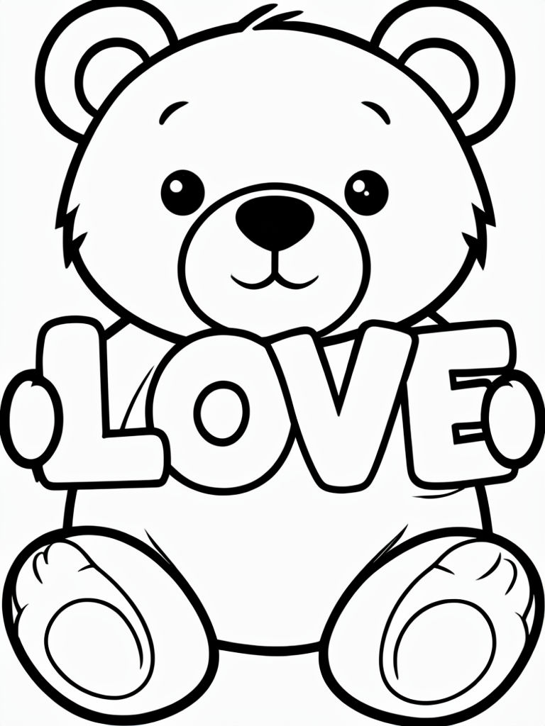 Cute Teddy Bear Holding Love Text Coloring Page