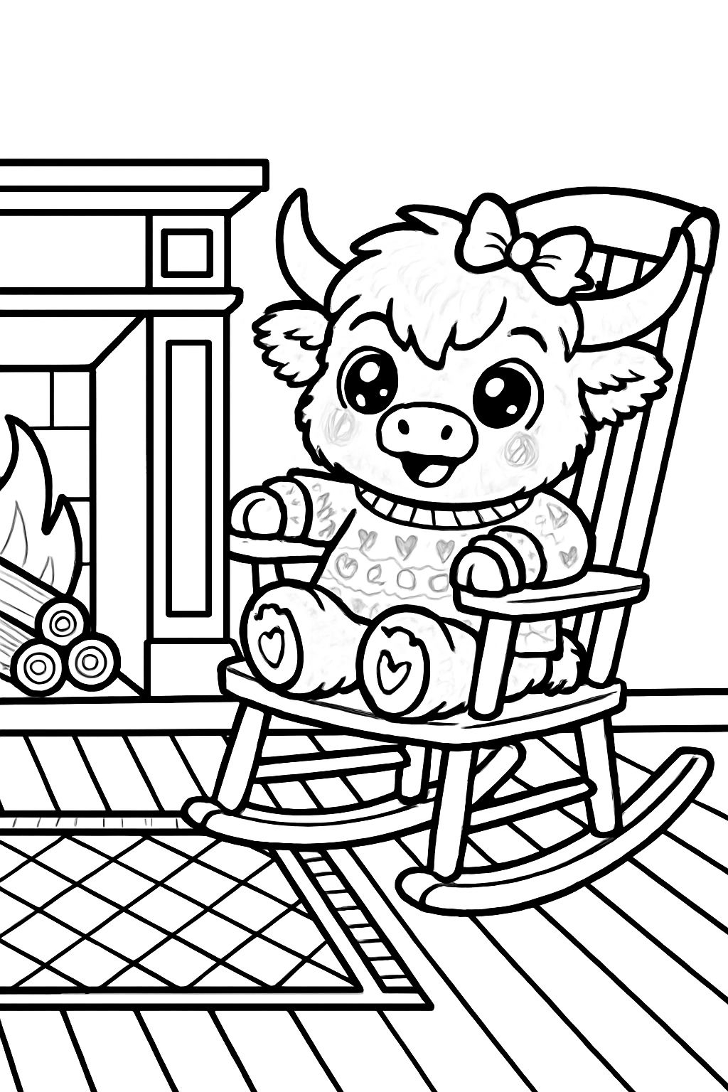 Cozy Cartoon Yak in Rocking Chair Coloring Page Design