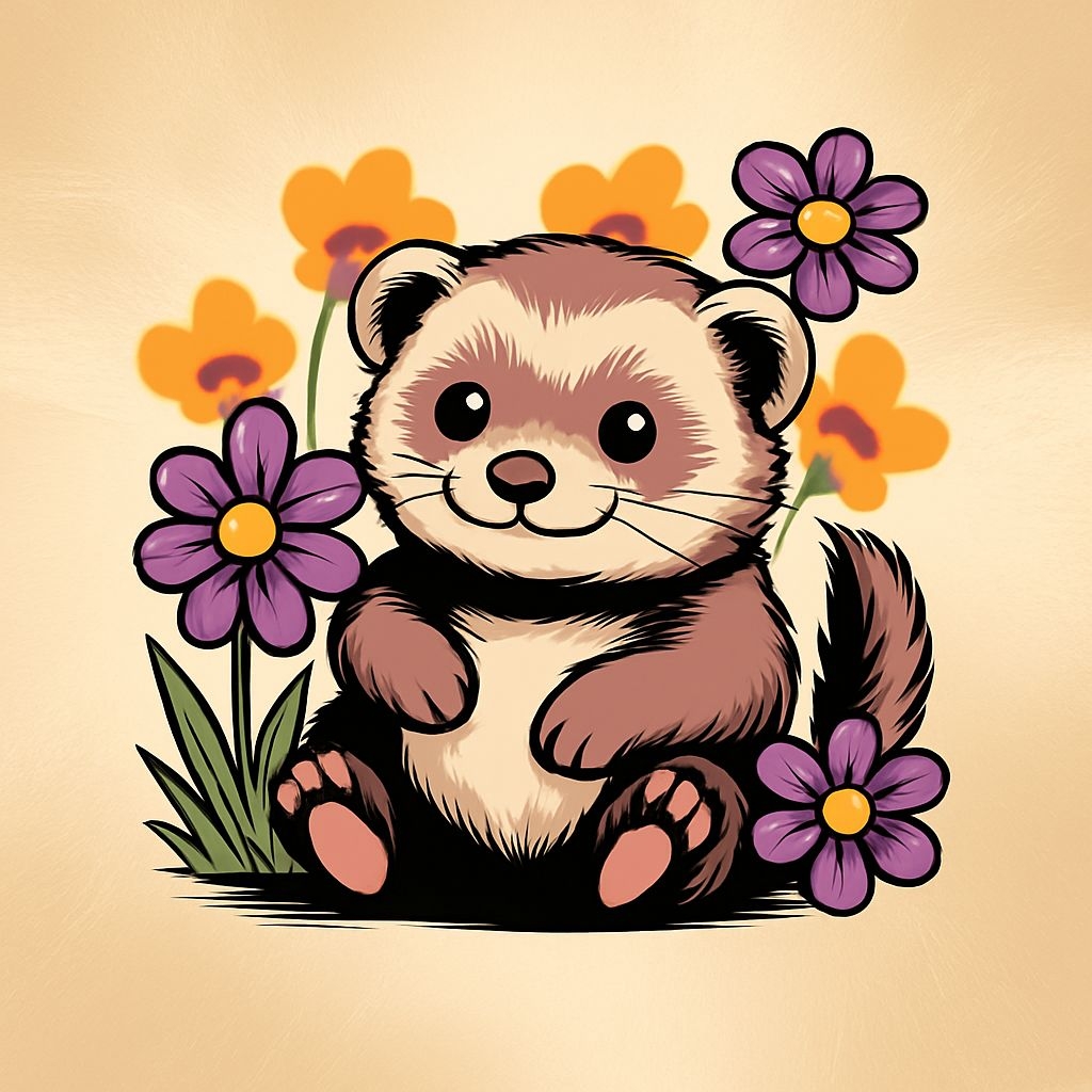 Adorable Cartoon Ferret Surrounded by Flowers Sticker