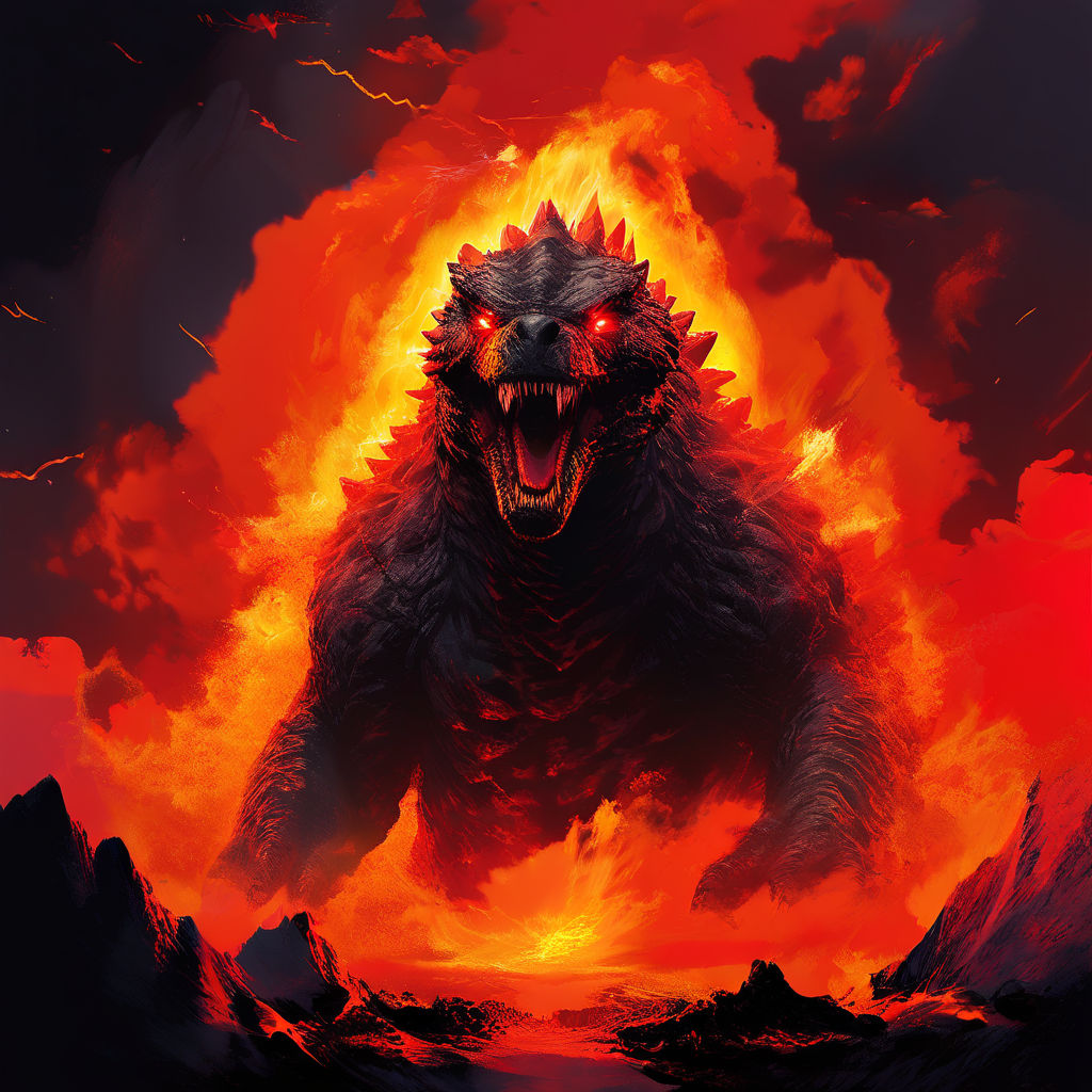 Illustration of Godzilla emerging from a volcano's maw by 율마ML - Playground