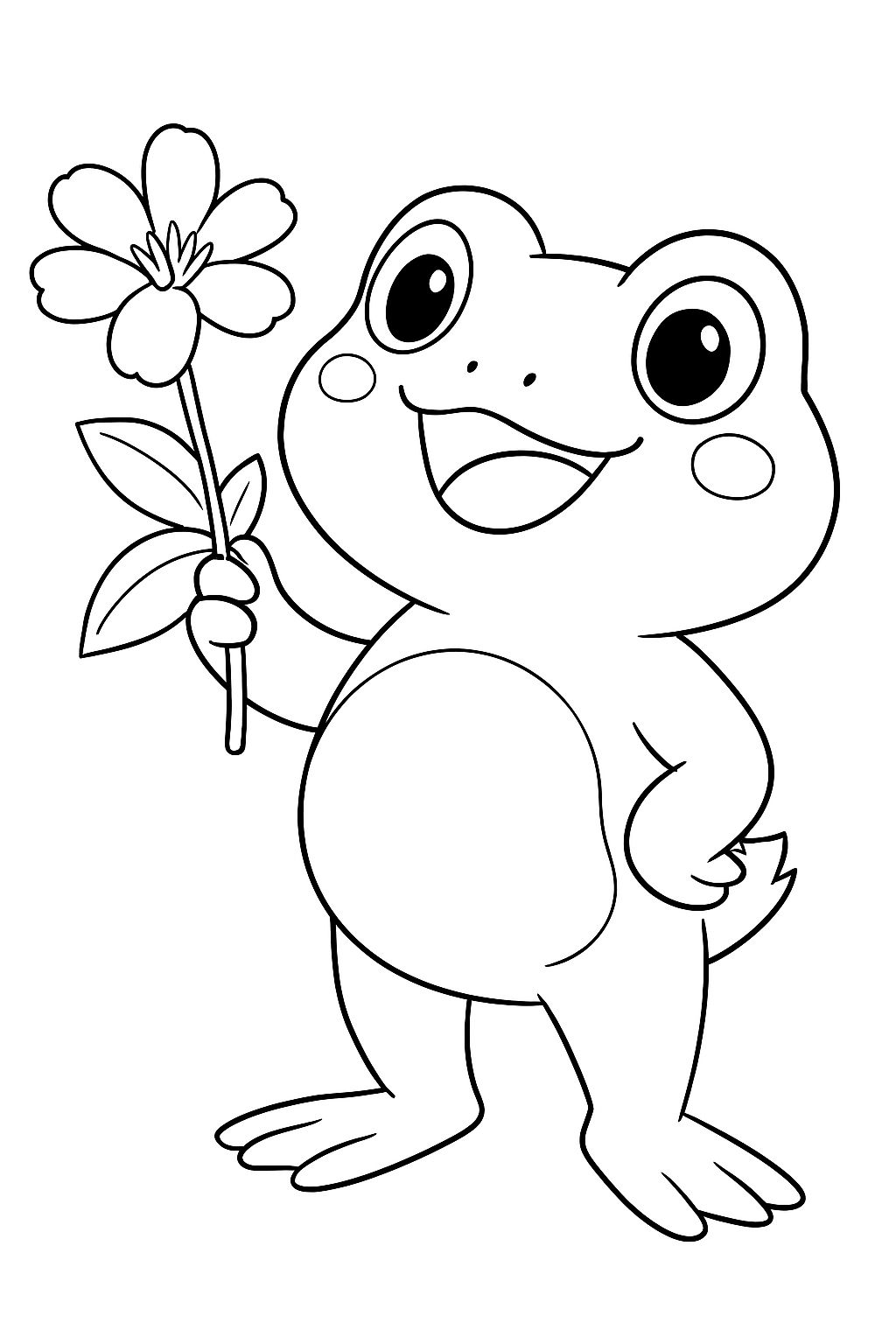 Cheerful Cartoon Frog Holding Flower Line Art Coloring Page