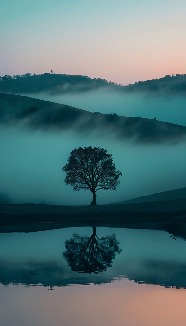 Lone Tree Silhouette on Foggy Hills at Blue Hour Mobile Wallpaper