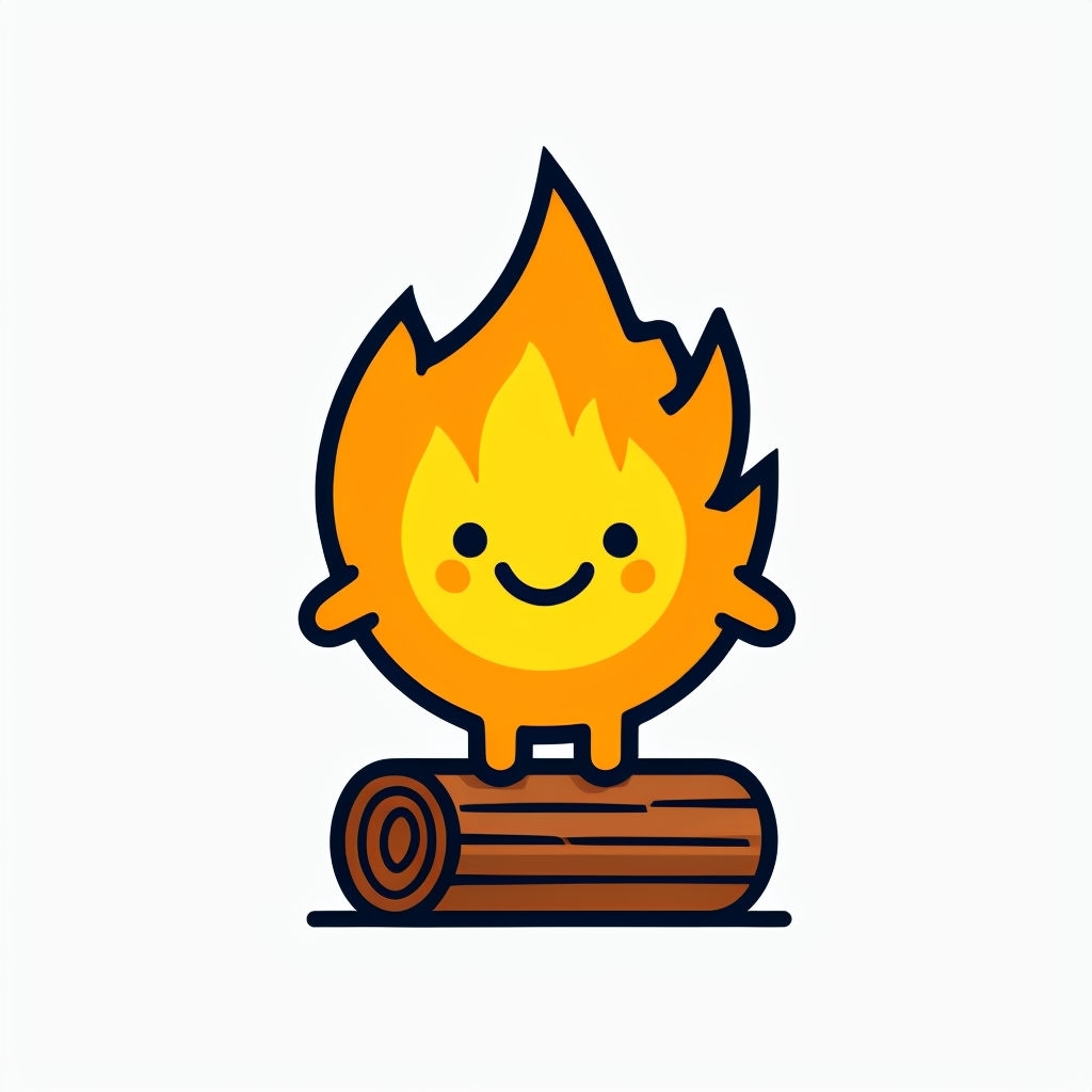 Cheerful Cartoon Flame Character on Wooden Log Sticker