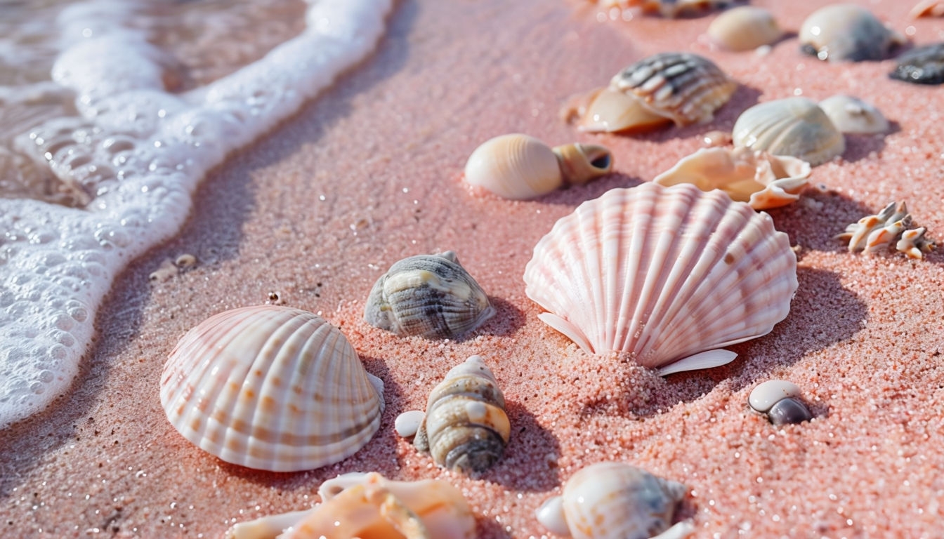 Serene Pink Sand Beach with Shells Close-Up Virtual Background