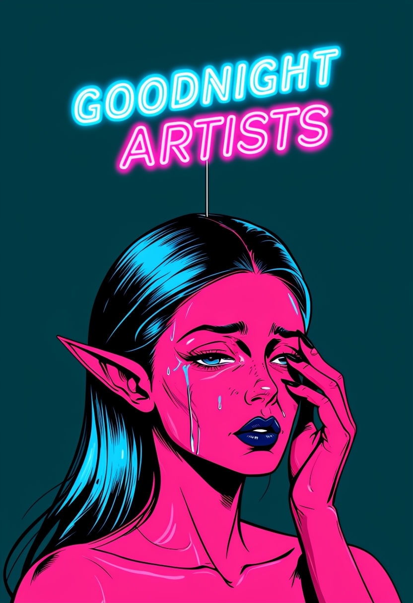 Ethereal Pop Art Woman with Neon 'Goodnight Artists' Poster