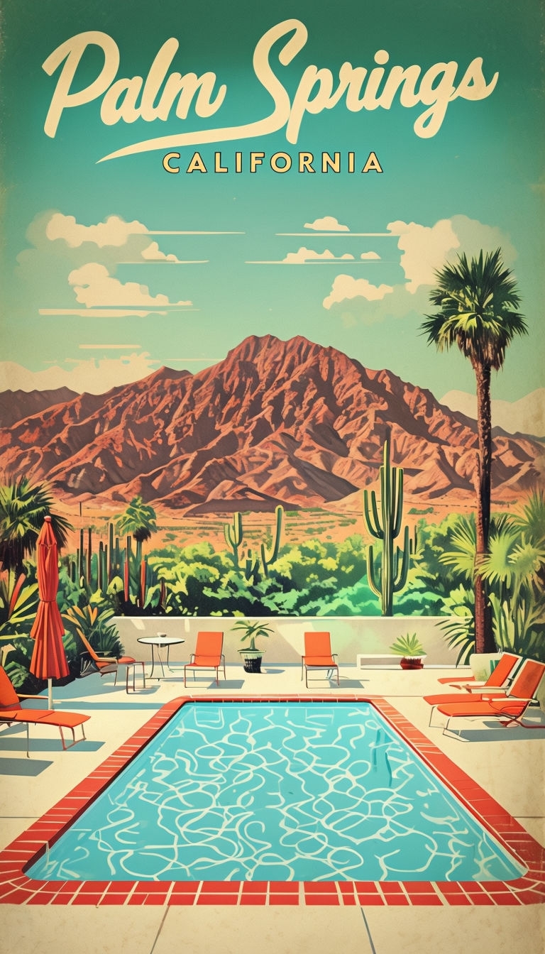 Serene Palm Springs Poolside Vintage Travel Poster