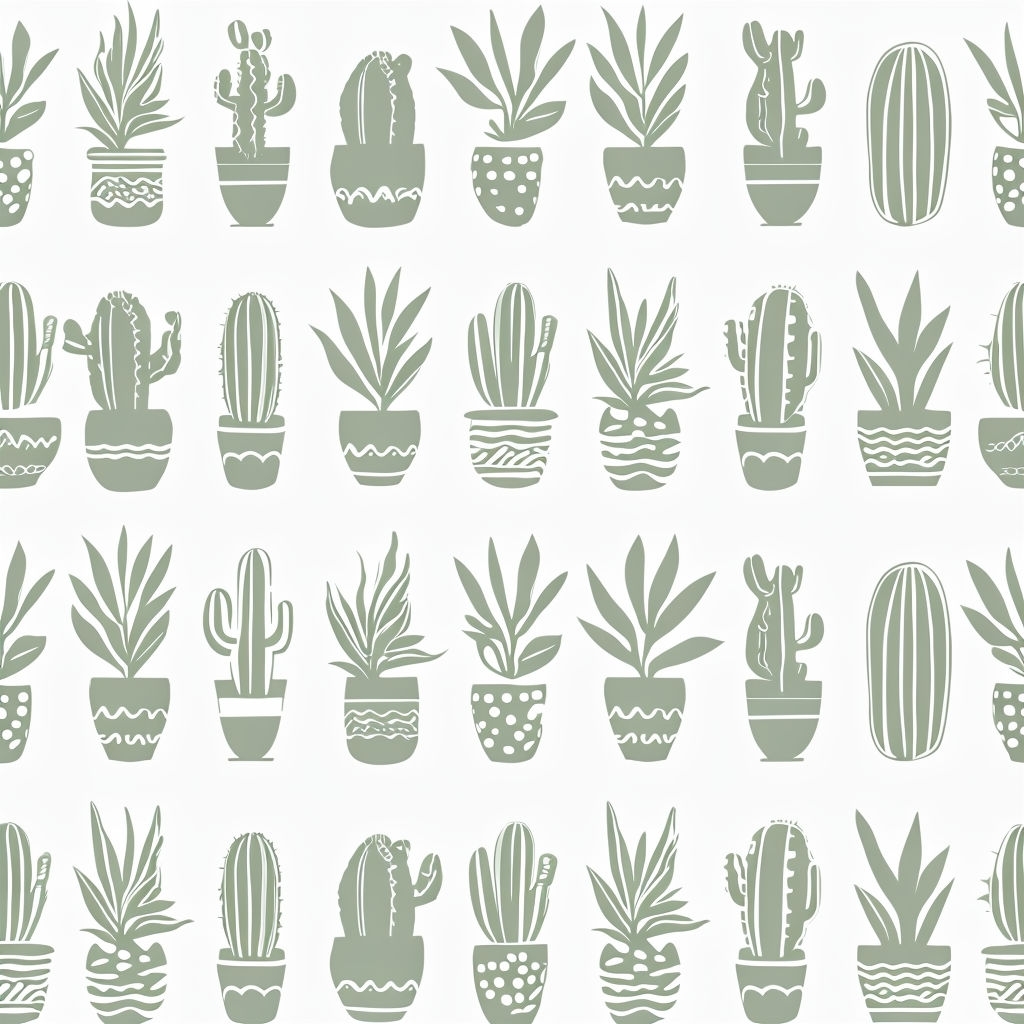 Stylized Sage Green Plants and Cacti Seamless Pattern