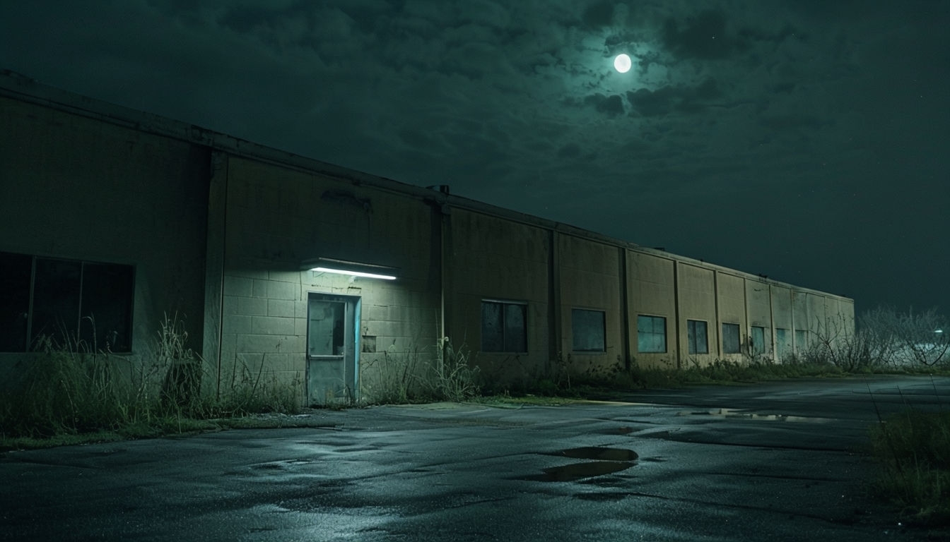 Eerie Abandoned Building Night Scene with Teal Moonlight Background
