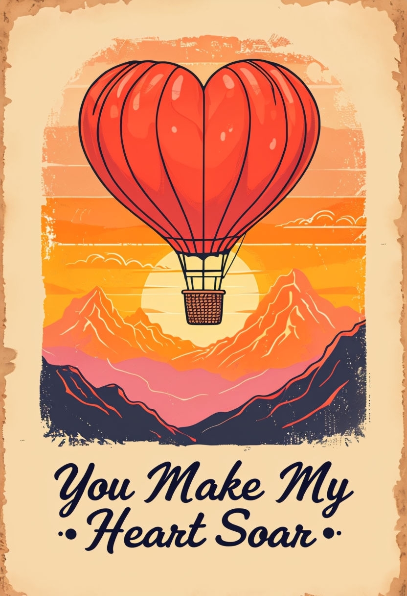 Heart-Shaped Hot Air Balloon Vintage Postcard Design Poster