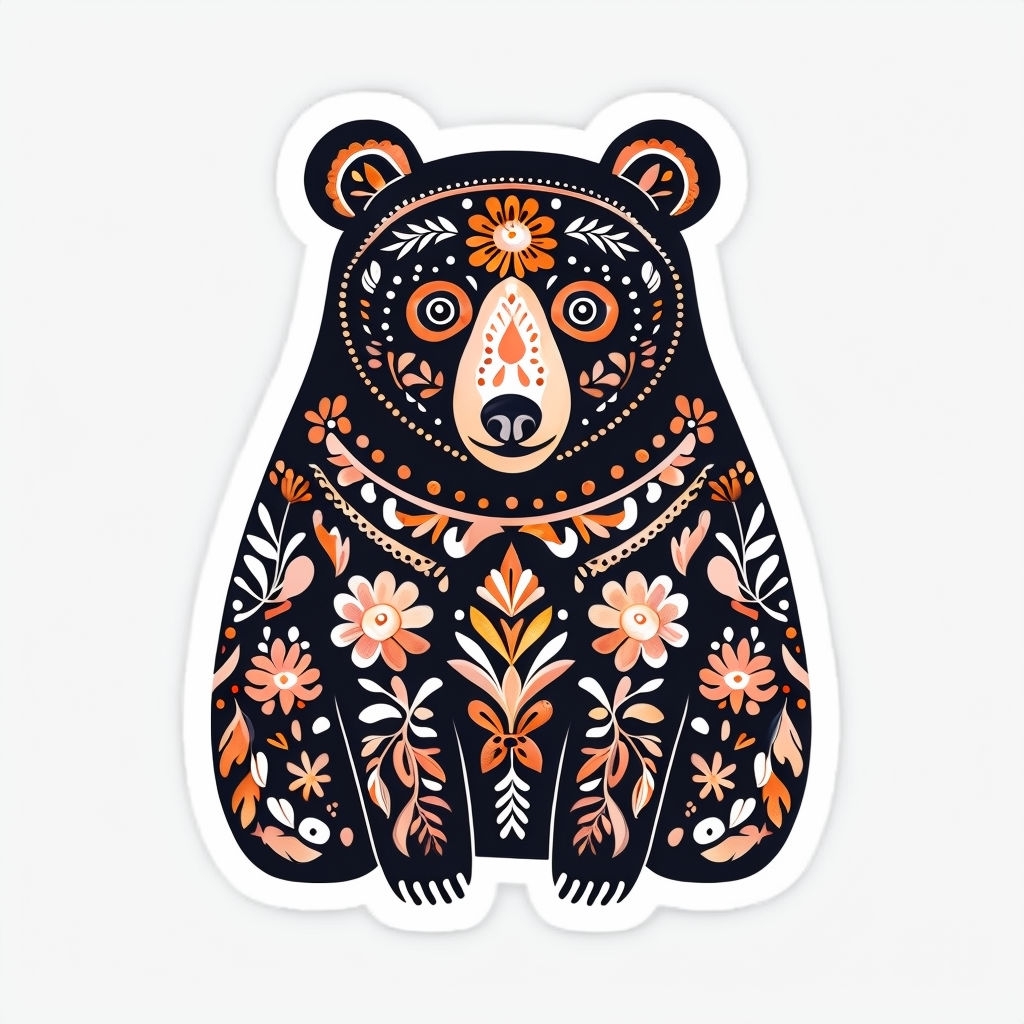 Whimsical Black Bear Floral Sticker Design Inspired by Folk Art