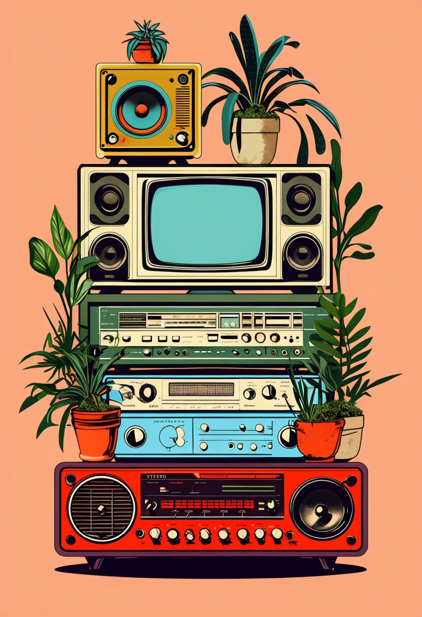 Vintage Electronic Devices Stack Retro Illustration T-Shirt