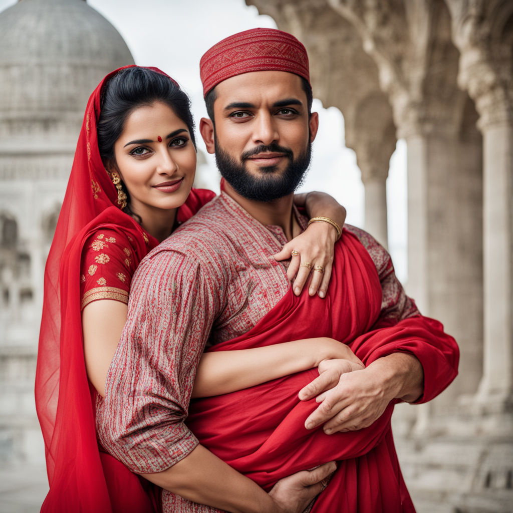 Extremely beautiful Arab Hijab wife hugged by random extremely mascular  long moustache hindu bald sadhu by waist and kissed in long Abaya at  Banaras ghat erotic romantic mood.man is wearing dhoti.girl is