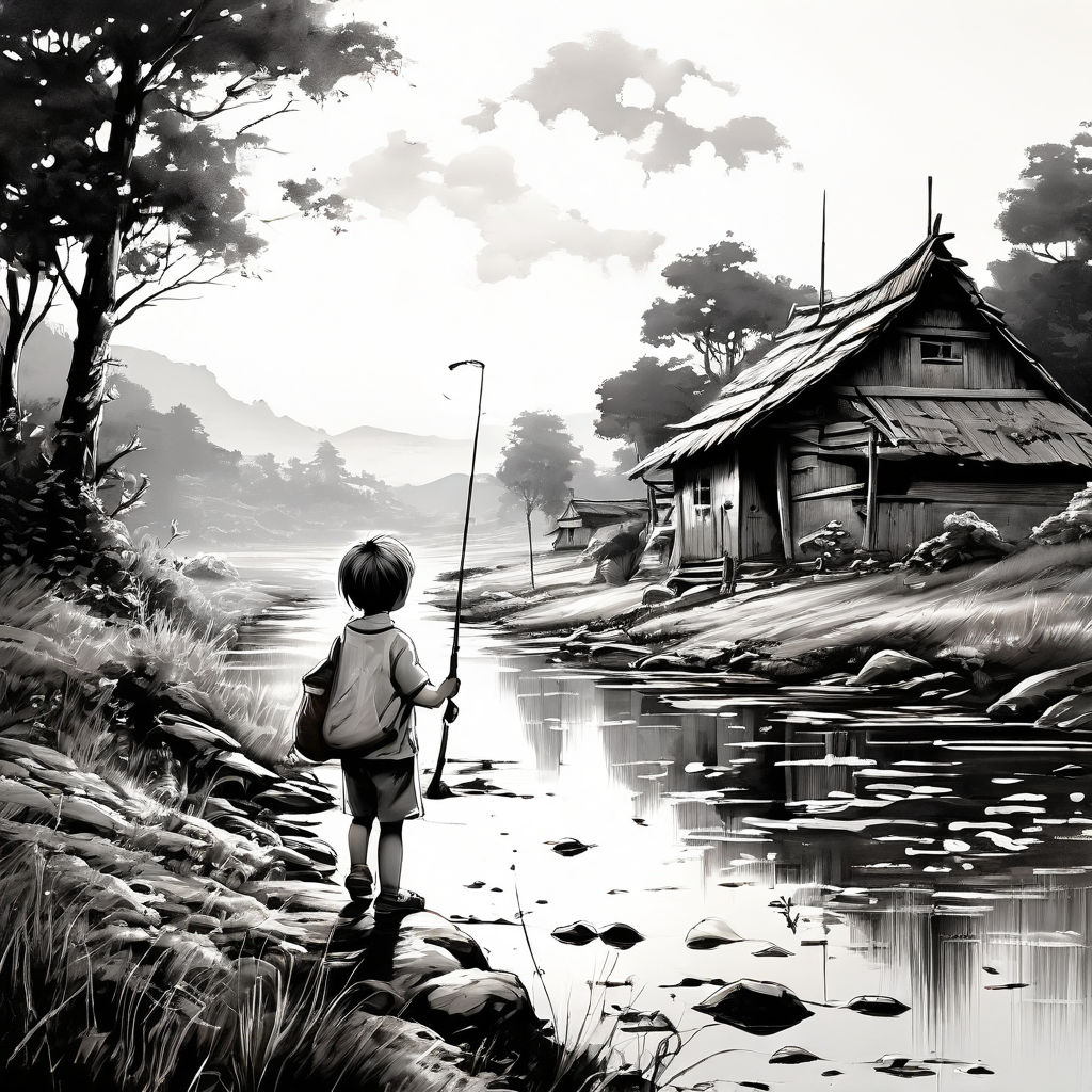 a boy is fishing in a stream sitting on a small wooden bridge with in a big  green hat and a long green coat - Playground