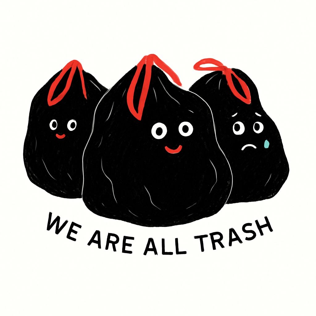 Humorous Cartoon Garbage Bags We Are All Trash Sticker