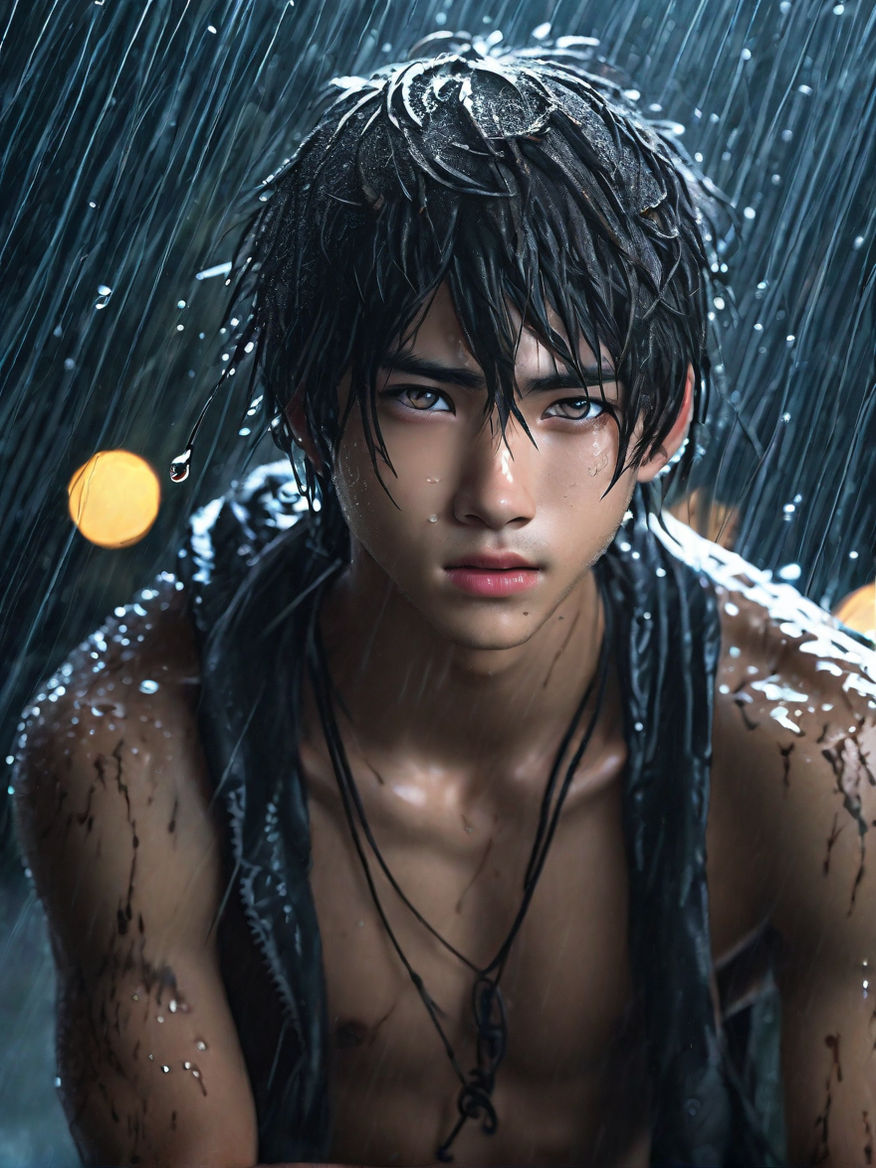 Aesthetic Anime boy age 25 with full body heart broken with wet clothes  drenched in water