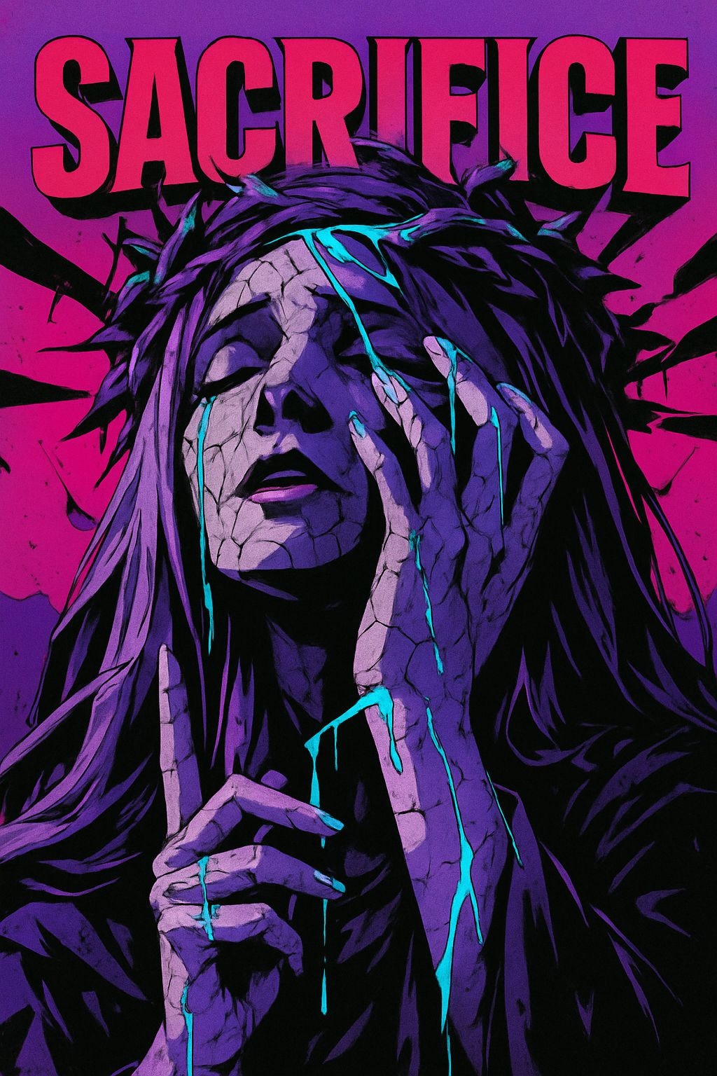 Somber Woman with Cracked Face and Neon Tears Illustration Poster