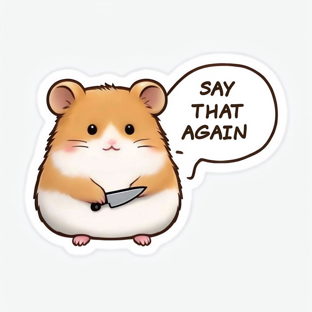 Cute Cartoon Hamster with Knife and Speech Bubble Sticker