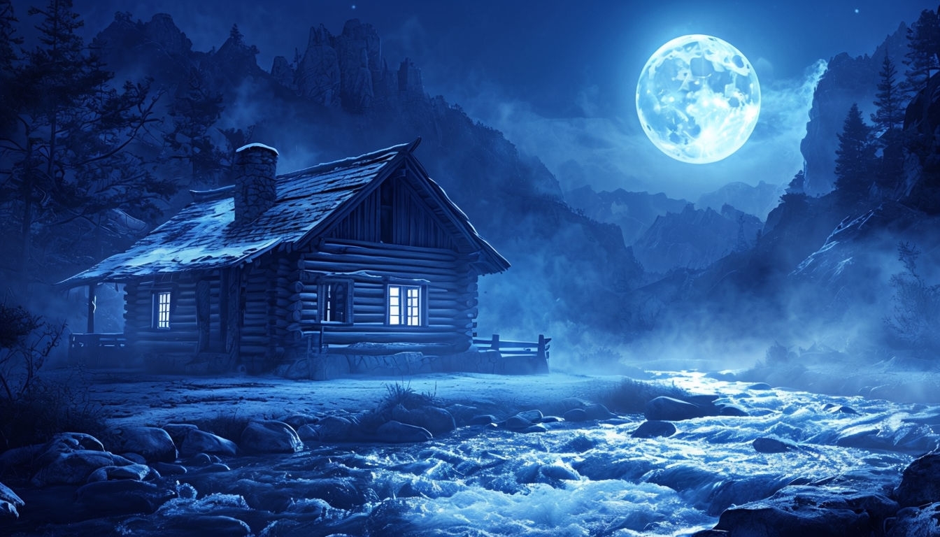 Moonlit Rustic Log Cabin in Enchanted Forest Virtual Background