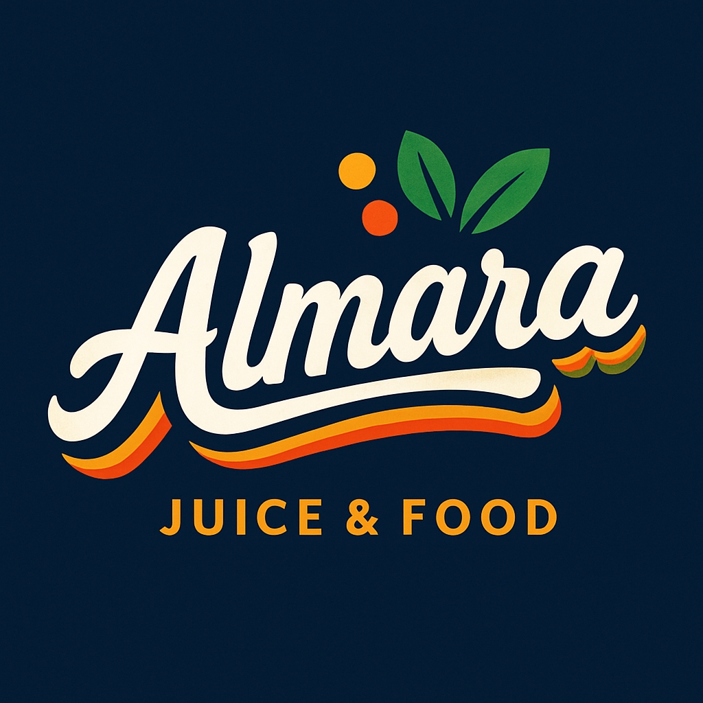 Modern Retro Almara Juice and Food Logo Design with Vibrant Accents
