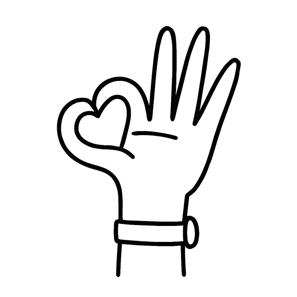 Minimalist Black Line Drawing of Heart OK Hand Gesture Sticker