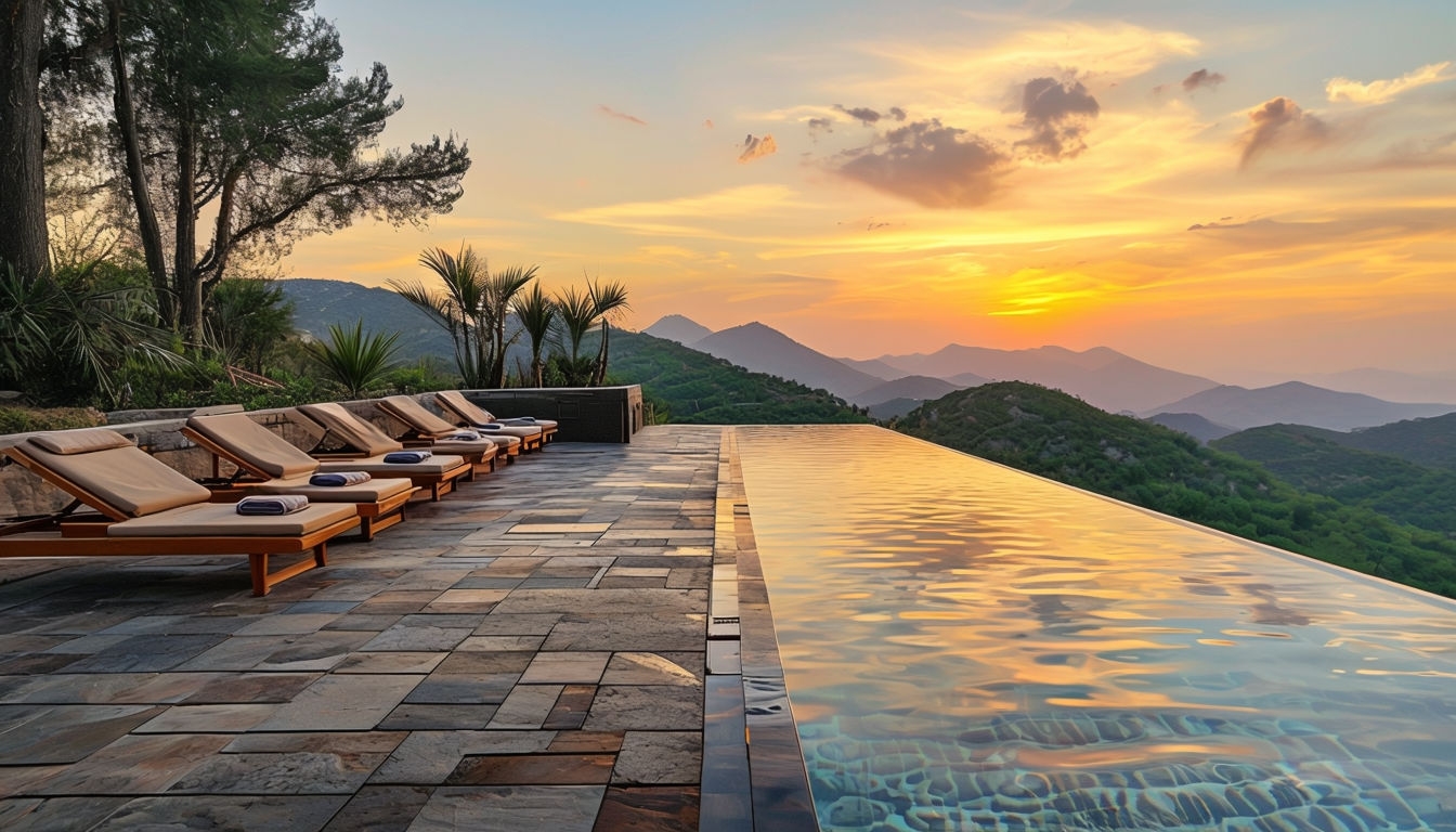 Serene Infinity Pool at Sunset with Lush Landscape Virtual Backgrounds