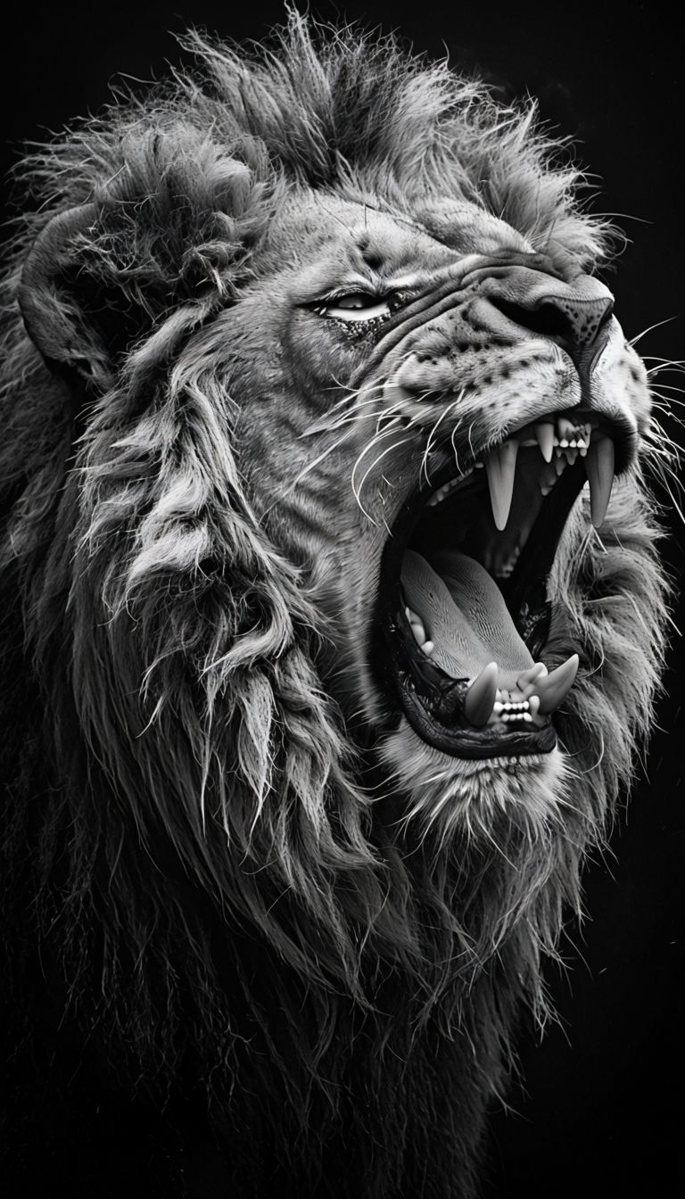 Majestic Roaring Lion Close-Up Black and White Mobile Wallpaper