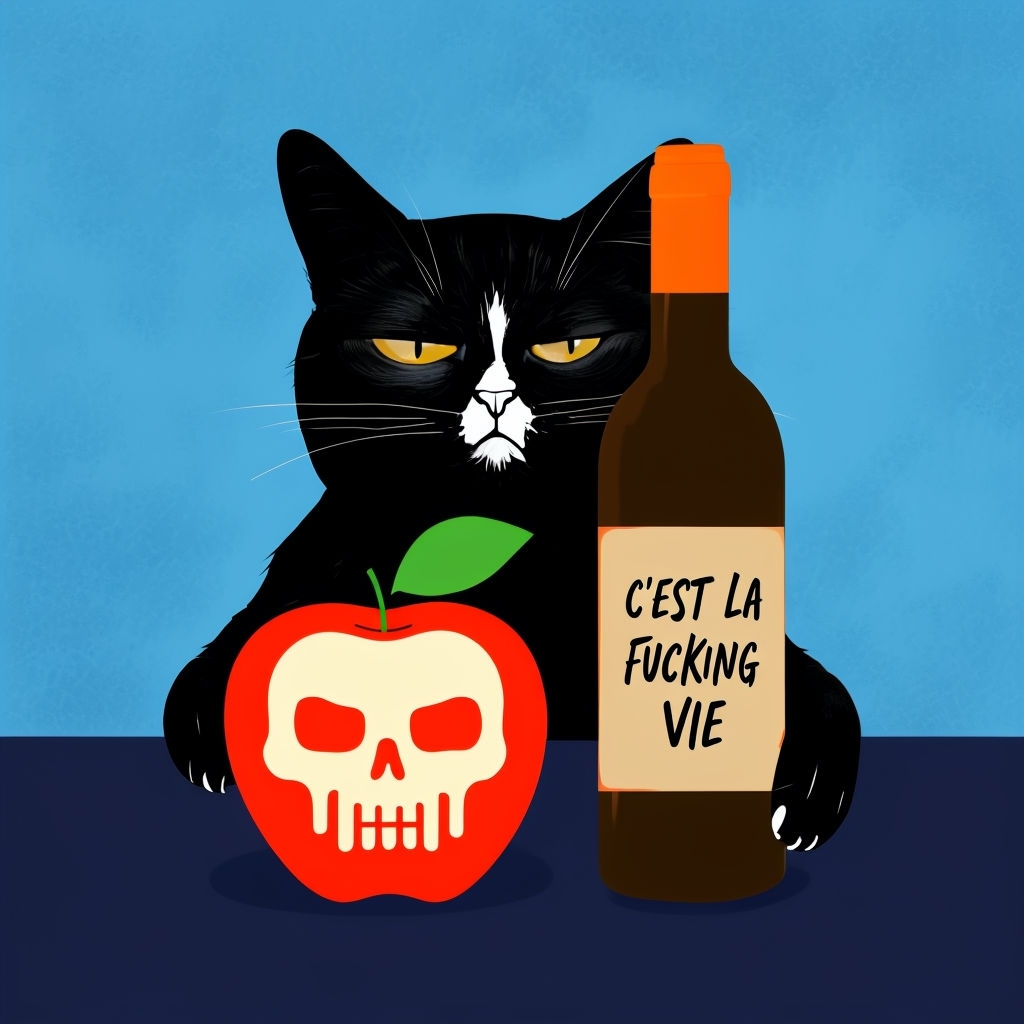 Whimsical Black Cat with Apple and Wine Bottle Artwork Poster