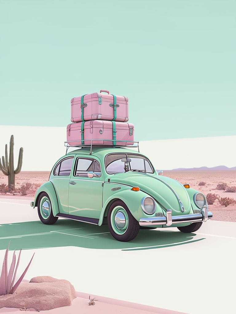 Classic Volkswagen Beetle with Vintage Suitcases Art