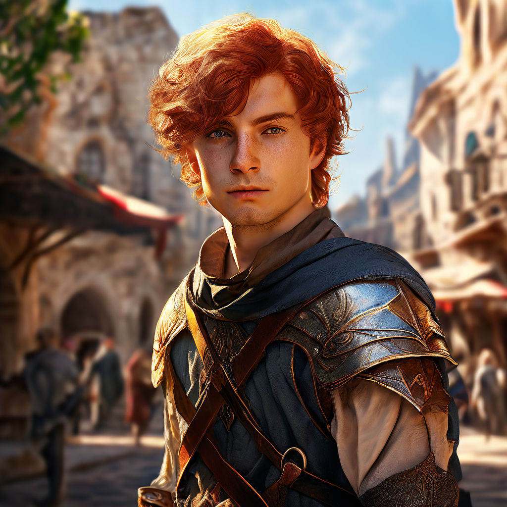 Red hair. short haircut. Young adult male. confident knight Scars.