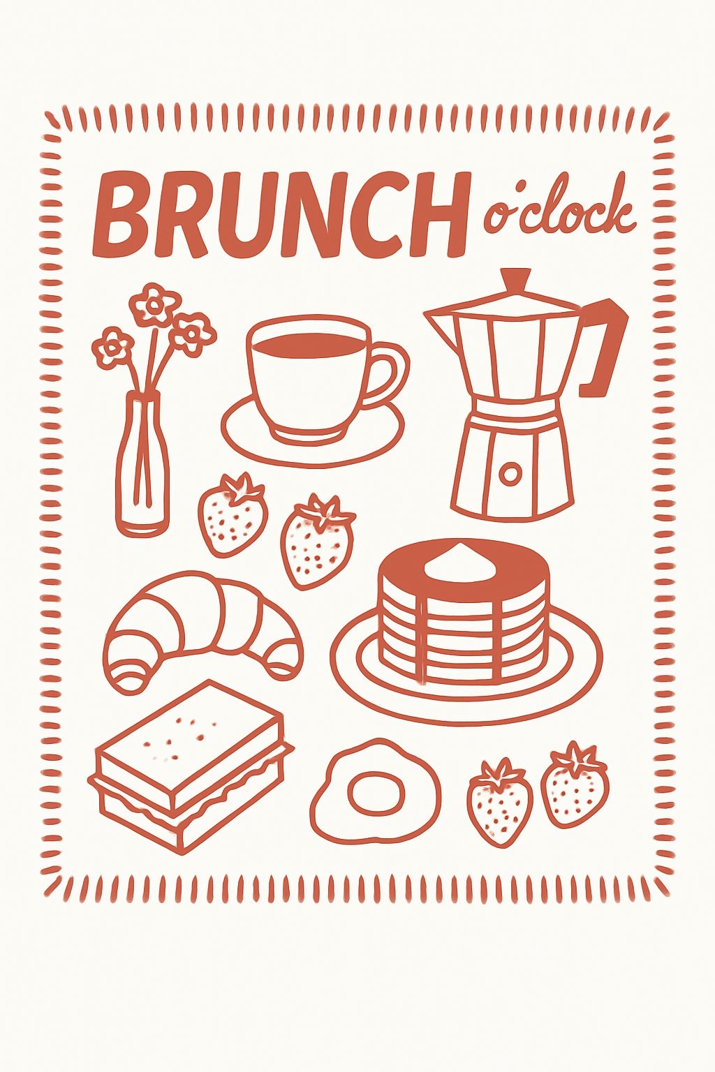 Minimalist Brunch Line Art Illustration with Coffee and Croissant Poster