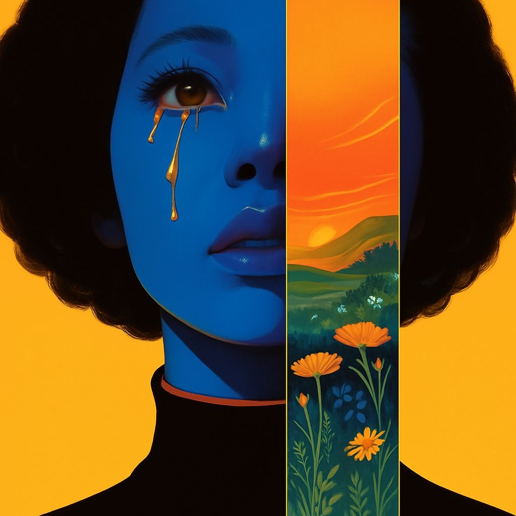Surrealistic Split Portrait with Vibrant Sunset and Meadow Art
