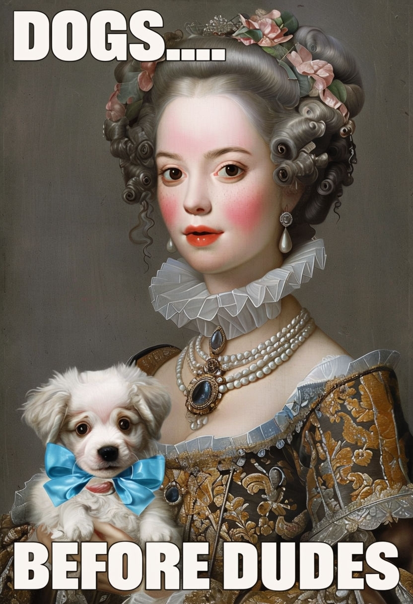 Regal Woman with Puppy and Humorous Dogs Before Dudes Meme