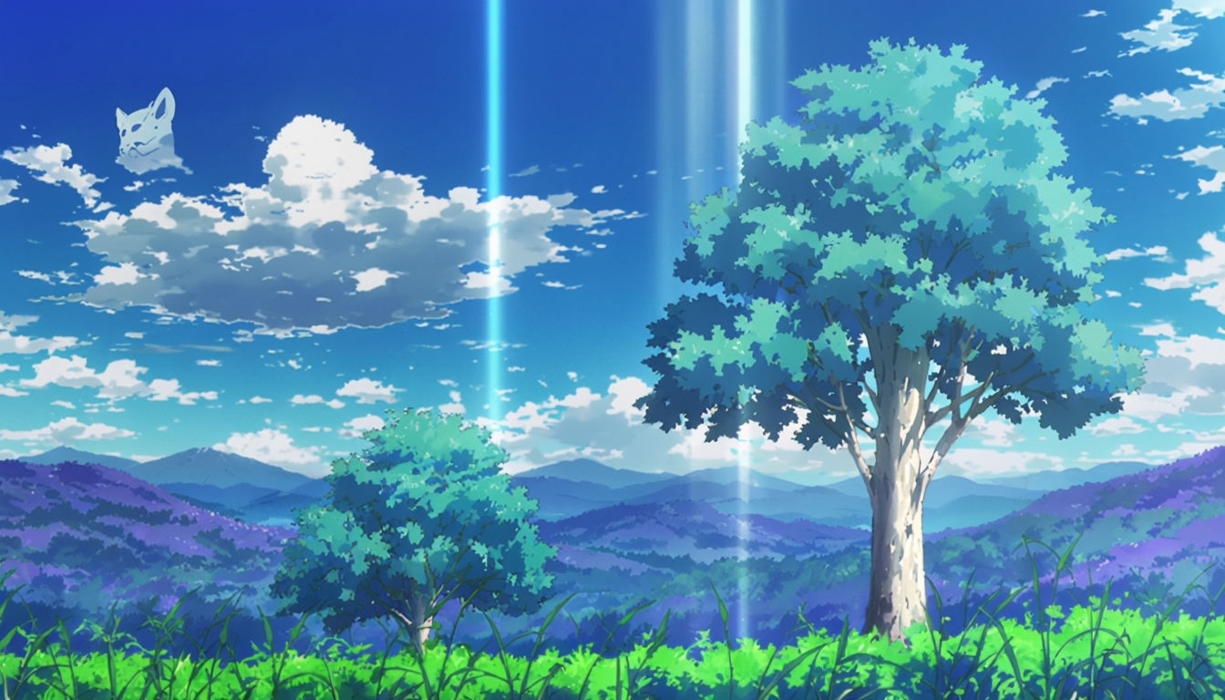 Serene Anime Landscape with Trees and Mountains Virtual Background
