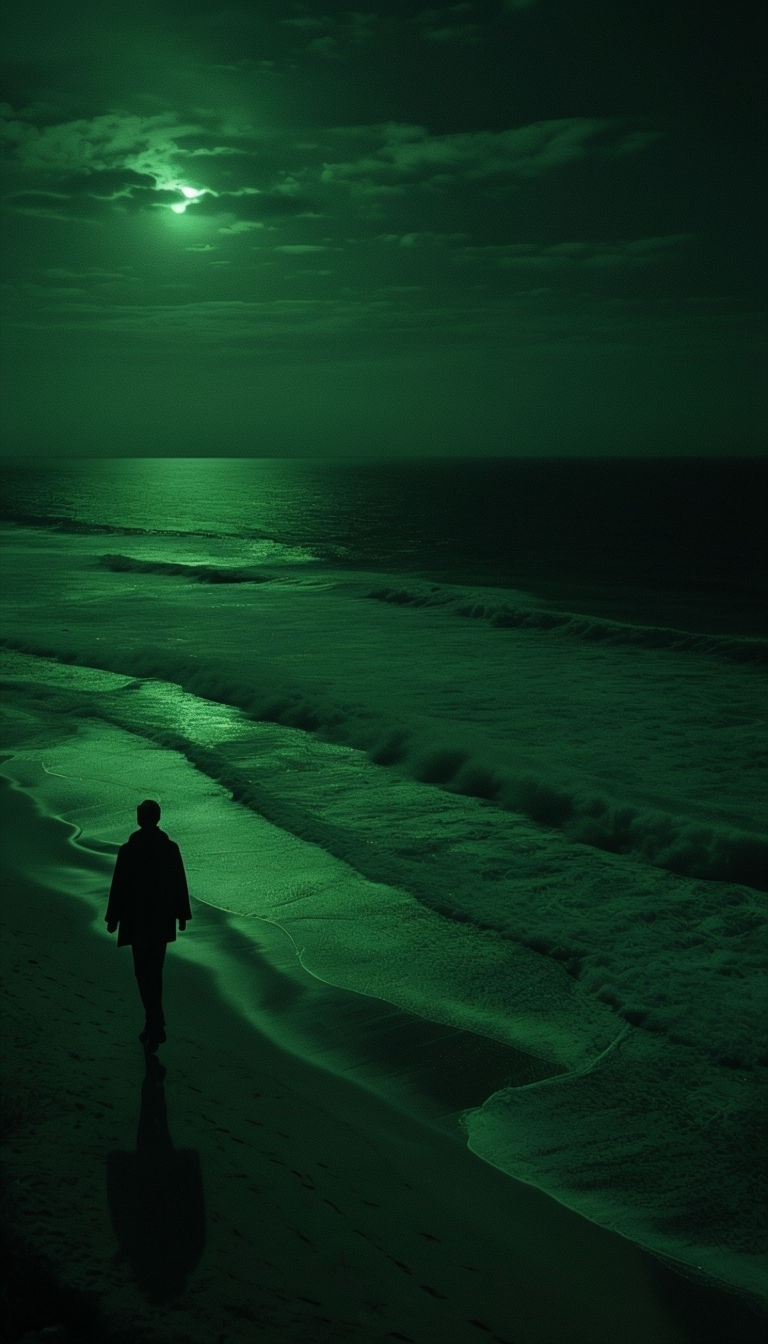 Eerie Green Nighttime Beach Scene with Solitary Figure Mobile Wallpaper