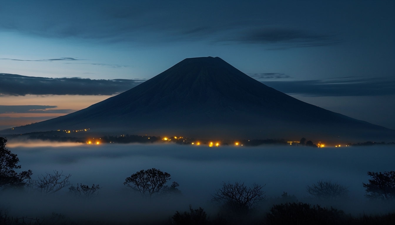 Majestic Volcanic Mountain Surrounded by Misty Fog Virtual Background