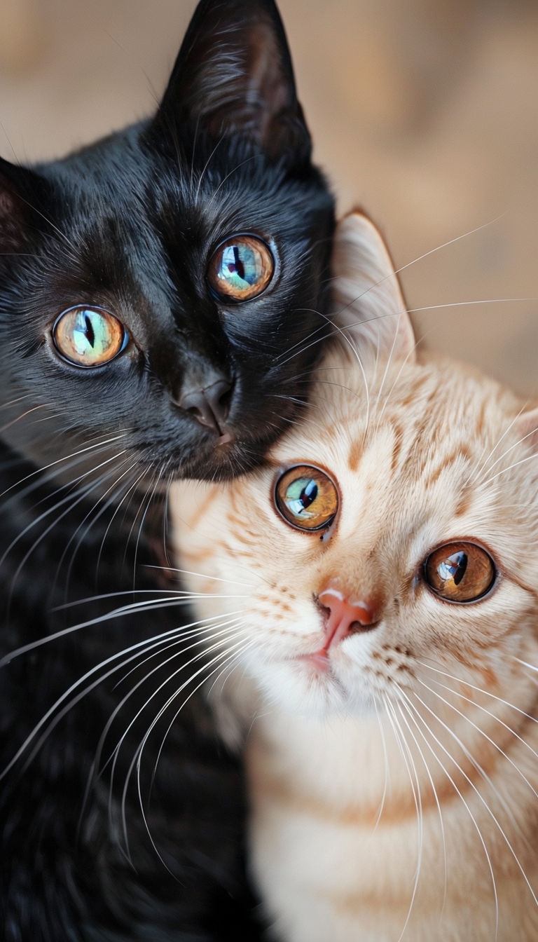 Intimate Close-Up of Two Cats Embracing in Affectionate Portrait Mobile Wallpaper