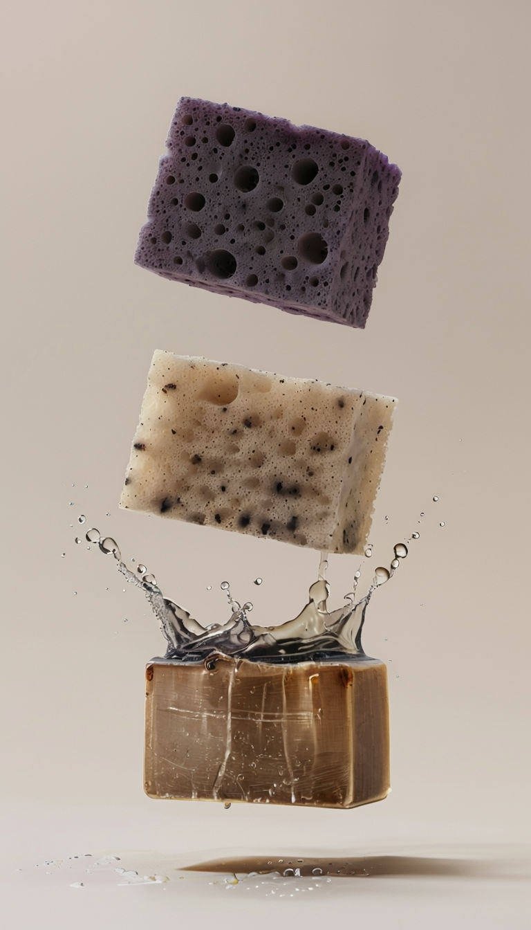 Minimalist Floating Sponges and Soap Bar Product Photography Art