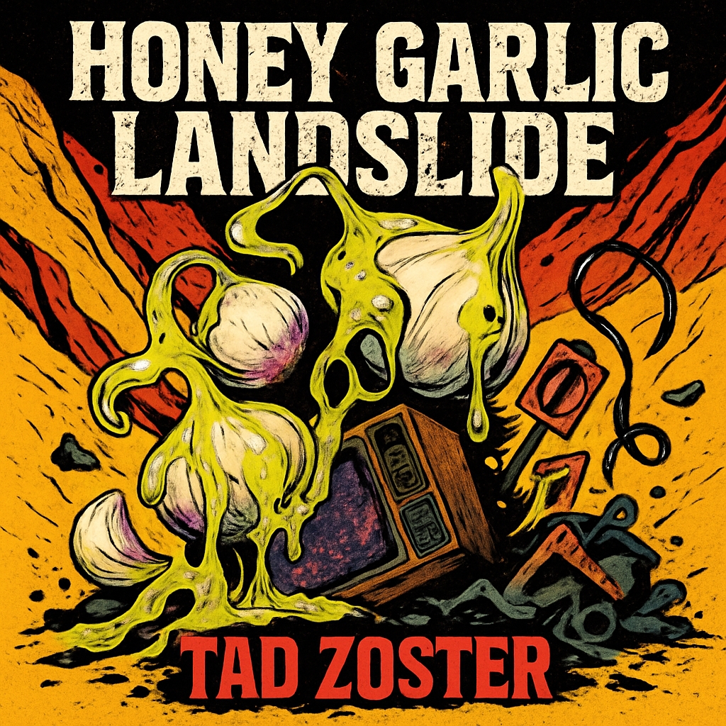 Surreal Honey Garlic Landslide Artwork with Vintage TV Album Cover