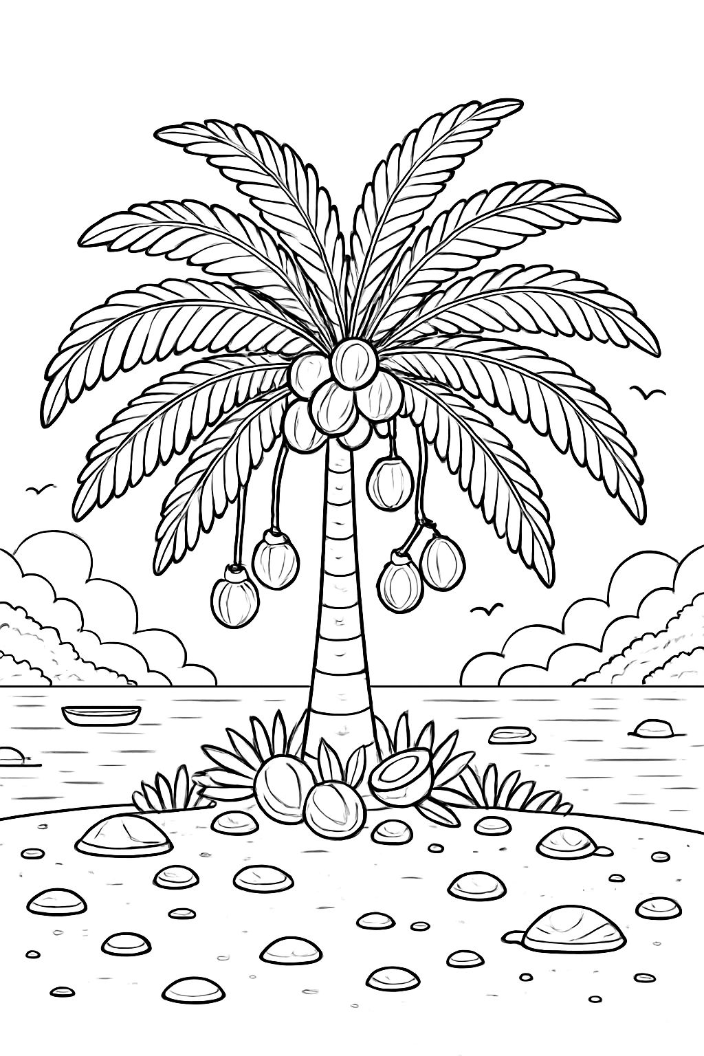 Tropical Palm Tree and Beach Scene Line Art Coloring Book Page
