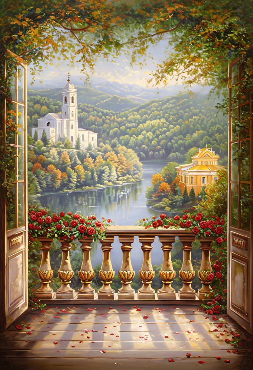 Ornate Balcony with Roses Overlooking a Serene Landscape Painting Art