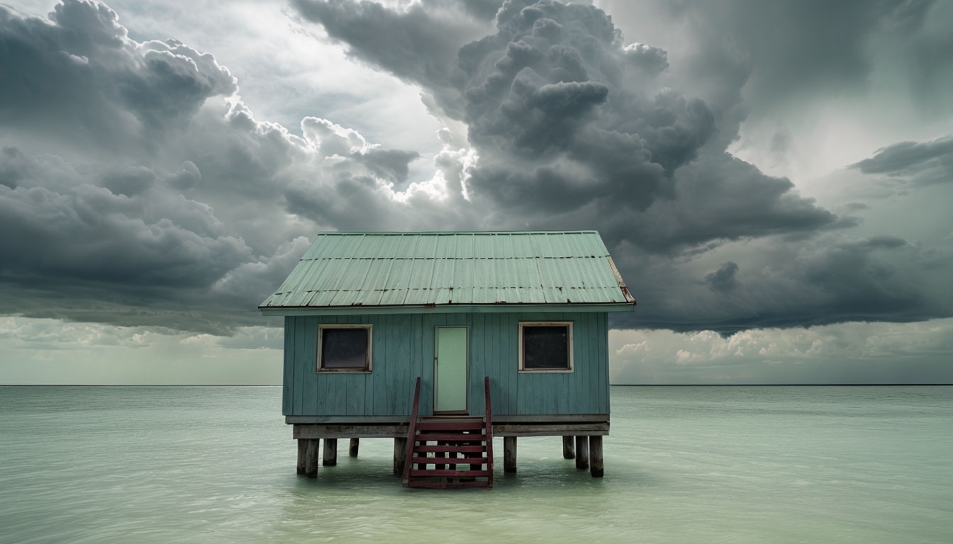 Teal Wooden Cabin Over Calm Water with Dramatic Clouds Background