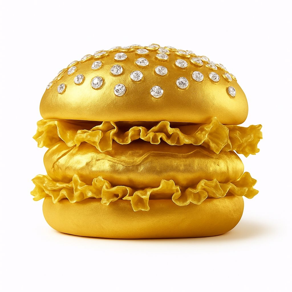 Surreal Gold Hamburger Sculpture with Gemstone Accents Art