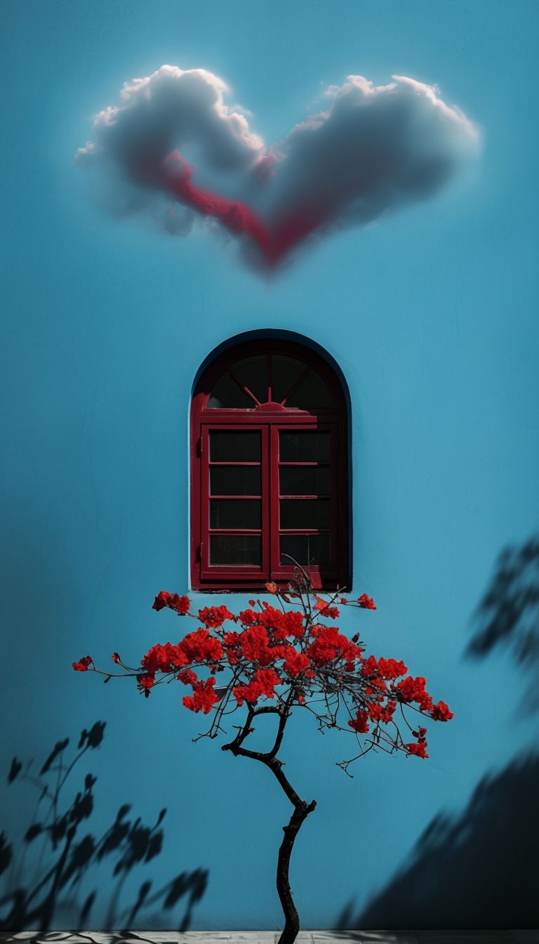 Vibrant Red Flowering Tree Against Blue Wall Minimalist Photography Mobile Wallpaper