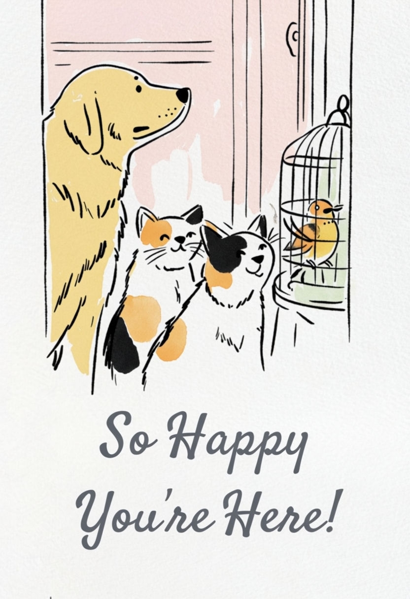 Charming Pets Welcome You Here Illustration for Card Invite
