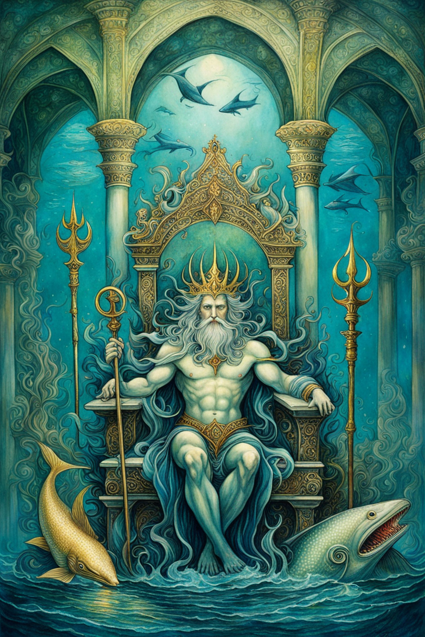 Neptune with a trident and a merman on his lap on his throne... by ...