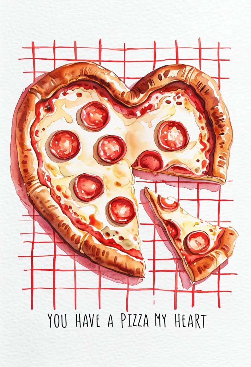 Whimsical Heart-Shaped Pizza Illustration with Affectionate Text Card