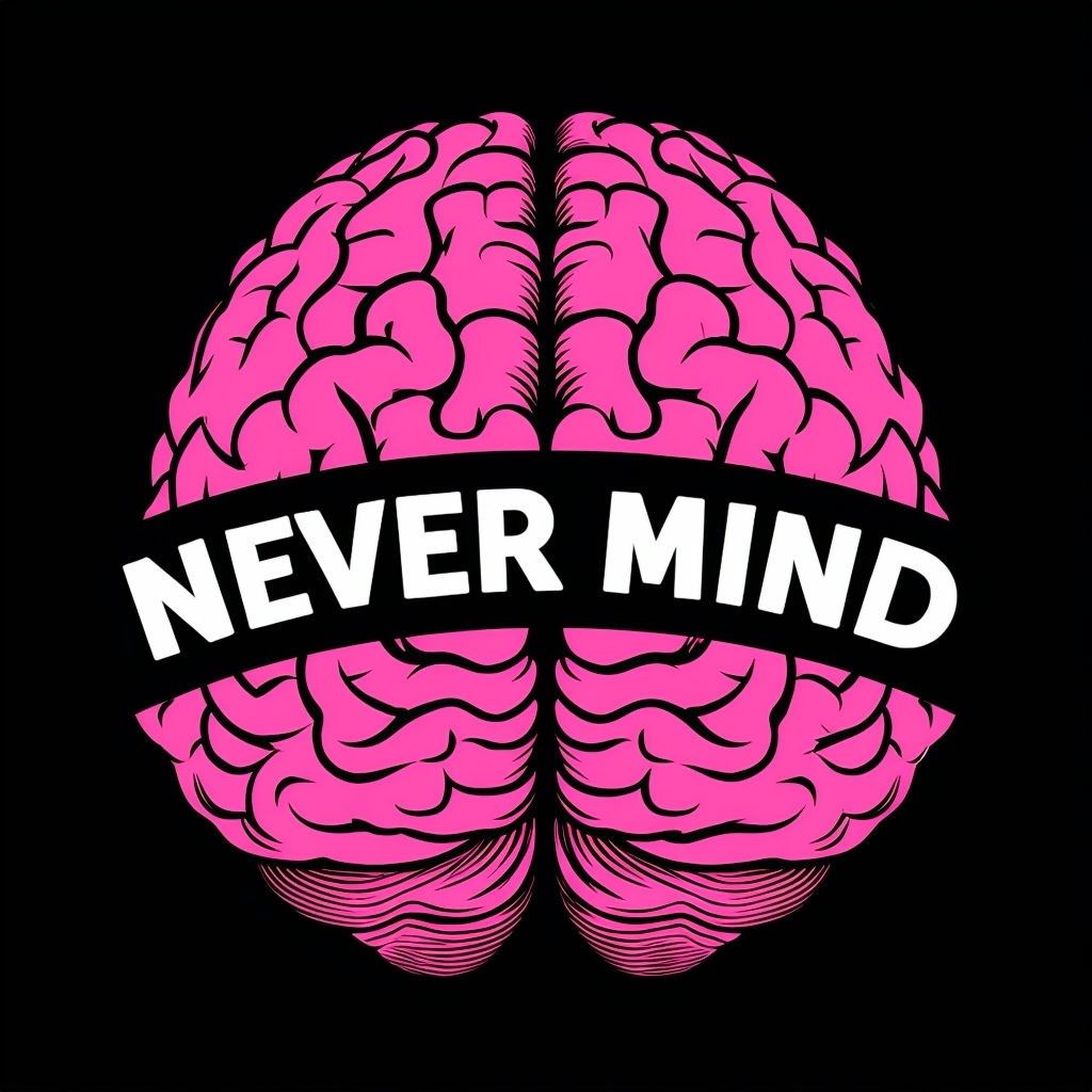 Stylized Pink Brain with Never Mind Text Illustration T-Shirt
