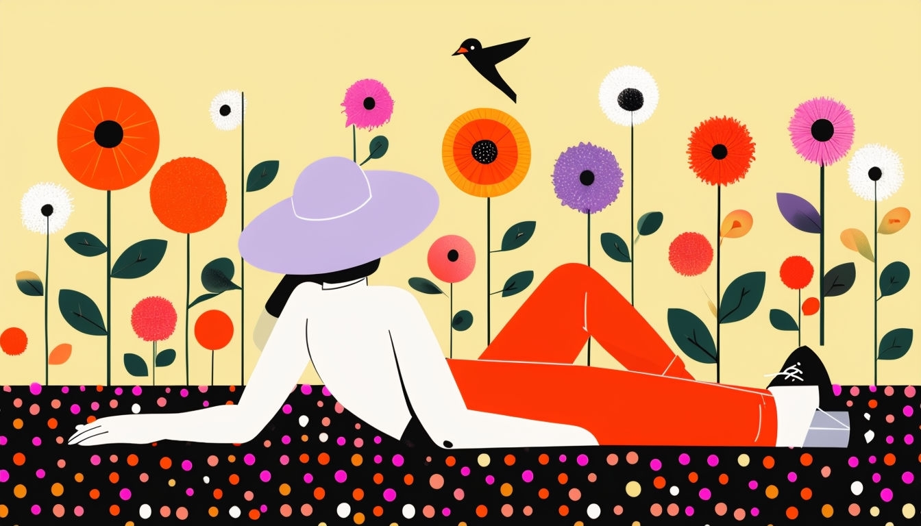 Colorful Minimalist Person Among Vibrant Flowers Illustration Virtual Backgrounds