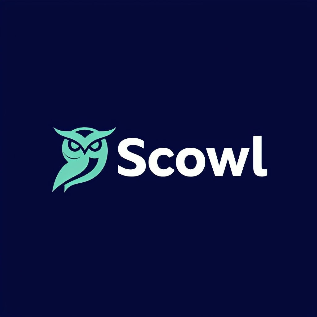 Elegant Scowl Logo Design with Minimalistic Owl on Blue Background Logo