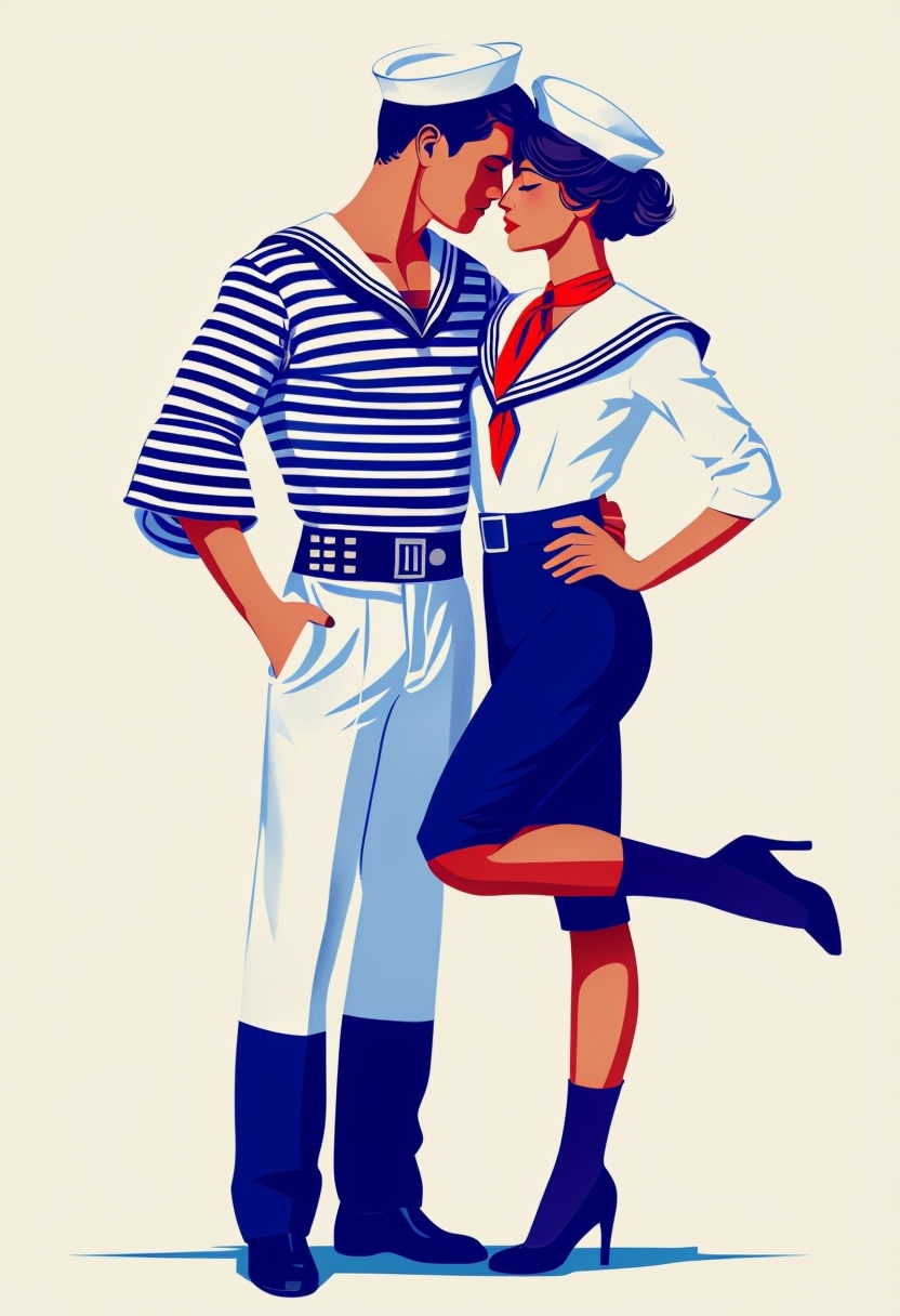 Romantic Minimalist Vintage Sailor Couple Illustration Art